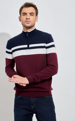 Джемпер мужской в полоску с воротником-стойкой на молнии F221-15-831 сине-бордовый - Fine joyce фото 8