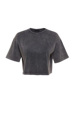 TRENDYOLMILLA Antrasit %100 Pamuk Soluk Efektli S?rt Bask?l? Relaxed Crop Orme T-Shirt TWOSS23TS00116  фото 14