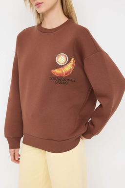 Teen Kahverengi Bask?l? Oversize/Genis Kal?p Kal?n Ici Polarl? Orme Sweatshirt TWOAW26SW00152 - Trendyolmilla фото 3
