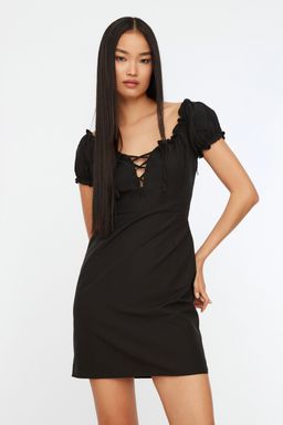 Siyah Fitted/Vucuda Oturan Baglama Detayl? Mini Dokuma Elbise TWOSS20EL2206 - Trendyolmilla фото 3