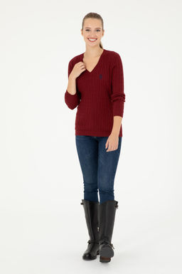 Женский бордовый базовый свитер с v-образным вырезом Неожиданная скидка в корзине - U.s. polo assn фото 4