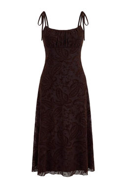 Kahverengi Cicekli A-Kesim/Can Form Ince Ask?l? Kolsuz Buzgulu Midi Tul Orme Elbise TWOSS26EL00025 - Trendyolmilla фото 5