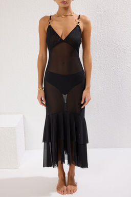 Trendyolmilla Siyah Maxi Orme Volanl? Aksesuarl? Transparan Plaj Elbisesi TBESS25EL00054  фото 3