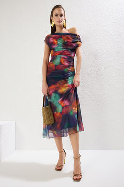 Cok Renkli Desenli Astarl? Tul Orme S?k Abiye Gece Mezuniyet Elbisesi TPRSS25EL00015