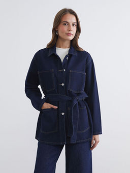 G?mlek Yaka Beli Ku?akl? Kad?n Jean Ceket