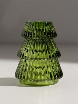 Стеклянный подсвечник на 1 свечу Ёлочка гофре, зелёный, d=2.2 см, 6.3?6.3?8 см