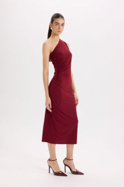 Bodycon Vucudu Saran Basic Duz Tek Omuzlu Bordo Midi Elbise