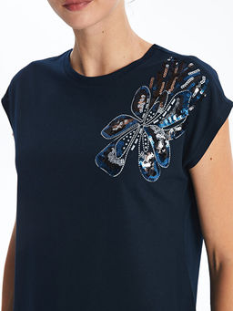 Bisiklet Yaka ??lemeli K?sa Kollu Kad?n Bluz