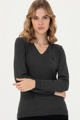 U. S. Polo Assn Женский базовый свитер антрацитового цвета с v-образным вырезом - U.s. polo assn фото 8