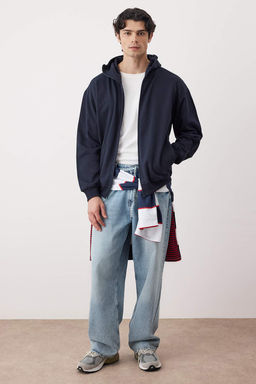 Lacivert Oversize/Genis Kesim Fermuarl? S?cak Tutan Kapusonlu Sweatshirt-H?rka TMNAW24SW00049
