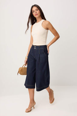 Koyu Mavi Yuksek Bel Genis Paca Kapri Jeans TWOSS26JE00308 - Trendyolmilla фото 2