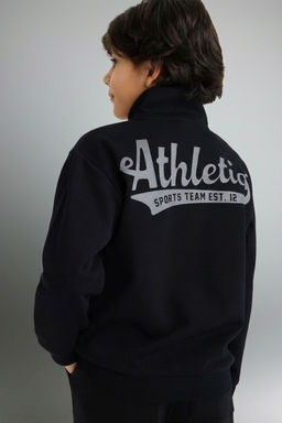 Yar_m Fermuarl_ Dik Yaka S_rt Bask_l_ Sweatshirt Erkek _ocuk