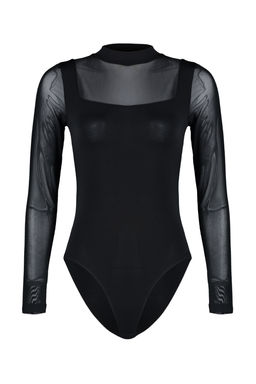 Siyah Slim Tul Detayl? Uzun Kollu Dik Yaka Alttan C?tc?tl?Esnek Orme Body TWOAW24BD00049