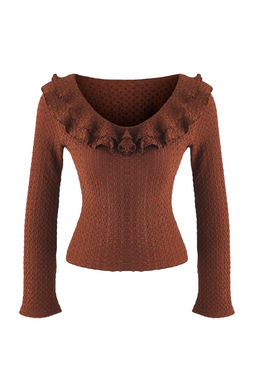 Kahverengi Dokulu Fitted/Vucuda Oturan F?f?r Detayl? Esnek Orme Bluz TWOAW26BZ00202