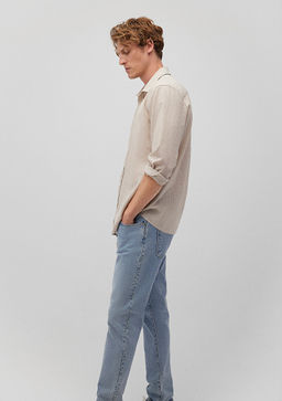 Cizgili Bej Gomlek - Mavi фото 2