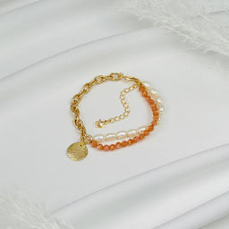 Браслет из Солнечного камня и Жемчуга с цепочкой 16 см + - Радуга самоцветов фото 2