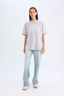 Широкая футболка Oversize с круглым вырезом и короткими рукавами с принтом - Defacto фото 2