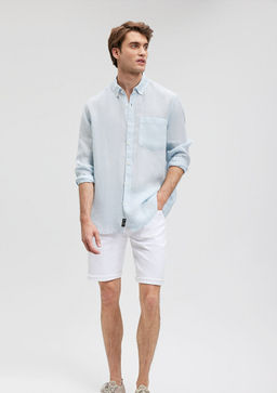 Keten Kar?s?ml? Mavi Gomlek