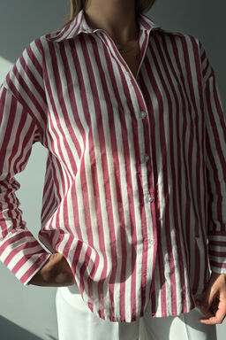 Kahverengi Bej Cizgili Oversize Gomlek TWOAW26GO00093 - Trendyolmilla фото 7