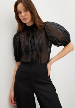 Блузка из органзы с бархатной завязкой и защипами OD-951-3 черный - Tantino фото 9