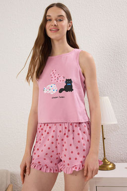 Trendyolmilla Pembe %100 Pamuklu Kedili Puantiyeli F?rf?r Detayl? Sortlu Orme Pijama Tak?m? THMSS25PT00118  фото 2