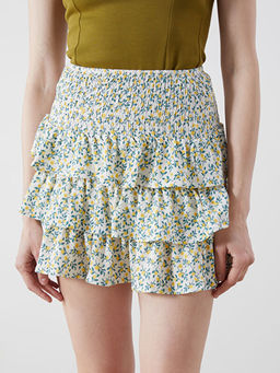 Beli Lastikli ?i?ekli Kat Kat Pileli Mini Etek