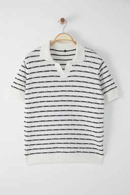 TRENDYOL MAN Ekru -Lacivert Cizgili Regular Fit Dokulu Polo Yaka Triko Tshirt TMNSS25PO00039 - Trendyolmilla фото 6
