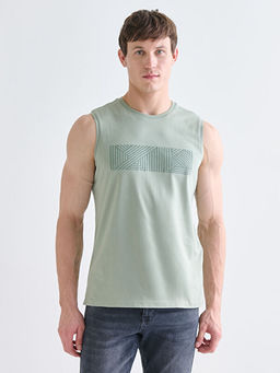 Bisiklet Yaka Bask?l? Erkek Kolsuz Ti??rt