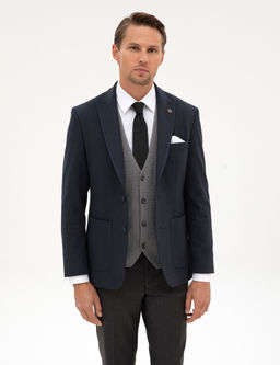 Lacivert Slim Fit Flanel Dokulu Ceket