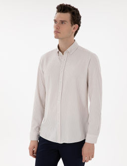 Bej Slim Fit _izgili Uzun Kollu G_mlek
