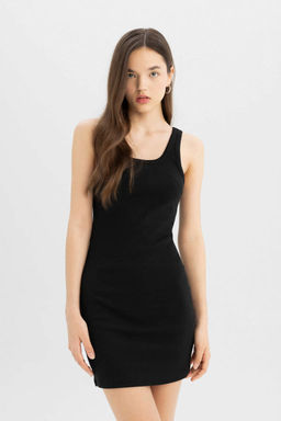 Мини-платье Cool Bodycon с круглым вырезом в рубчик и лямками - Defacto фото 4