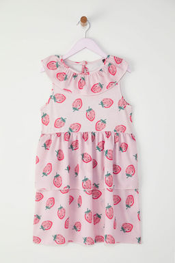 Pembe K?z Cocuk Cilek Desenli K?sa Kol Mini Bayraml?k Orme Elbise TKDSS25EL00066