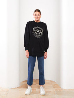 Bisiklet Yaka Bask?l? Uzun Kollu Kad?n Sweatshirt Tunik
