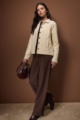 Ekru Triko Yaka Detayl? Cepli Kal?n Ici Polarl? Orme Sweatshirt TWOAW26SW00243