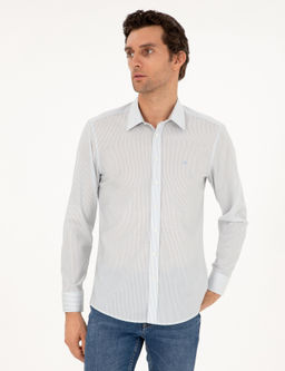 Синяя шерстяная рубашка приталенного кроя в полоску