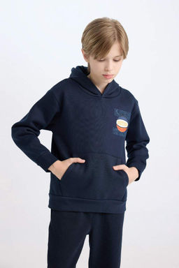 Темно-синий толстый свитшот обычного кроя с капюшоном и принтом на спине для мальчиков - Defacto фото 3