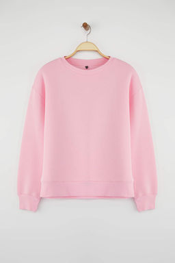 Ac?k Pembe Kal?n Ici Polarl? Regular/Normal Kal?p Bisiklet Yaka Basic Orme Sweatshirt TWOAW24SW00101