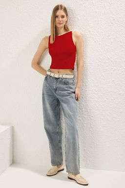 K?rm?z? Ask?l? Fitted/Vucuda Oturan Esnek Orme Bluz TWOSS24BZ00535