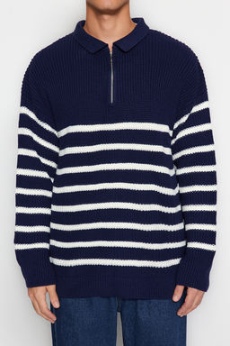 TRENDYOL MAN Vizon Casual Oversize Polo Yaka Cizgili Triko Kazak TMNAW24KZ00018 - Trendyolmilla фото 4