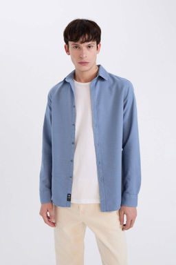 Slim Fit Dar Kesim Polo Yaka Basic Duz Pamuklu Uzun Kollu Gomlek - Defacto фото 2