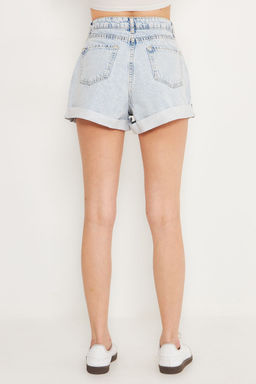 Ac?k Mavi Dugme Detayl? Pacas? K?vr?k Normal Bel Mini Denim Sort TWOSS25SR00166 - Trendyolmilla фото 5