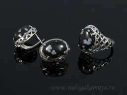Кольцо Серьги с обсидианом размер 18