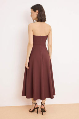 Kahverengi Duz Etegi Belden Ac?lan Dokuma Finike Maxi Astars?z S?k/Gece Elbise