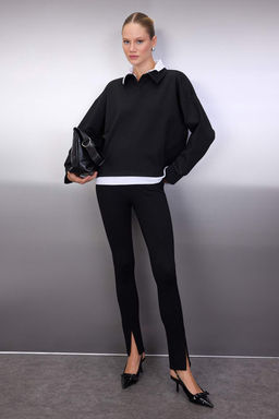 Siyah Dokuma Garnili Polo Yaka Oversize/Genis Kal?p Orme Sweatshirt TWOAW26SW00122 - Trendyolmilla фото 2