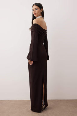 Kahverengi Vucuda Oturan Maxi S?k Abiye Gece Mezuniyet Y?lbas? Elbisesi TPRSS24AE00204