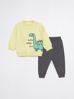 Bisiklet Yaka Bask?l? Erkek Bebek Sweatshirt ve E?ofman Alt 2li