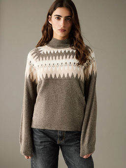 Yar?m Bal?k?? Yaka Desenli Kad?n Triko Kazak