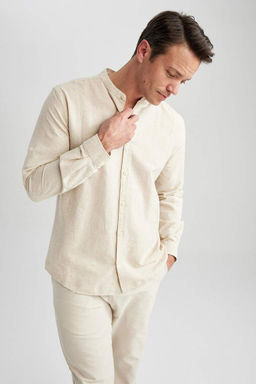 Рубашка из смесового льна с длинным рукавом и воротником Modern Fit - Defacto фото 4