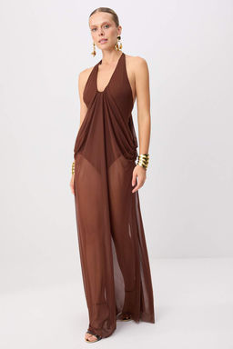 Kahverengi __i Body Transparan Detayl_ T_l Maxi Abiye & Mezuniyet Elbisesi TPRSS26AE00149