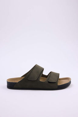 Haki Nubuk C?rt Bantl? Erkek Duz Taban Terlik TAKSS25TE00034